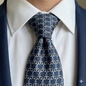Laurant Benon Paris Silk Geometric Chain Link Necktie Men Navy Blue
